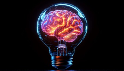 Poster - Futuristic AI light bulb with a glowing human brain in neon colors