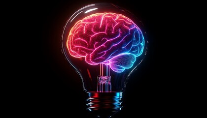 Poster - Futuristic AI light bulb with a glowing human brain in neon colors