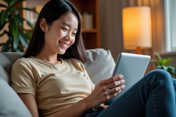 Wall Mural - A Young Asian Woman Enjoys Reading on a Tablet While Sitting Comfortably in Her Cozy Living Room Surrounded by Warm Lighting and Indoor Plants