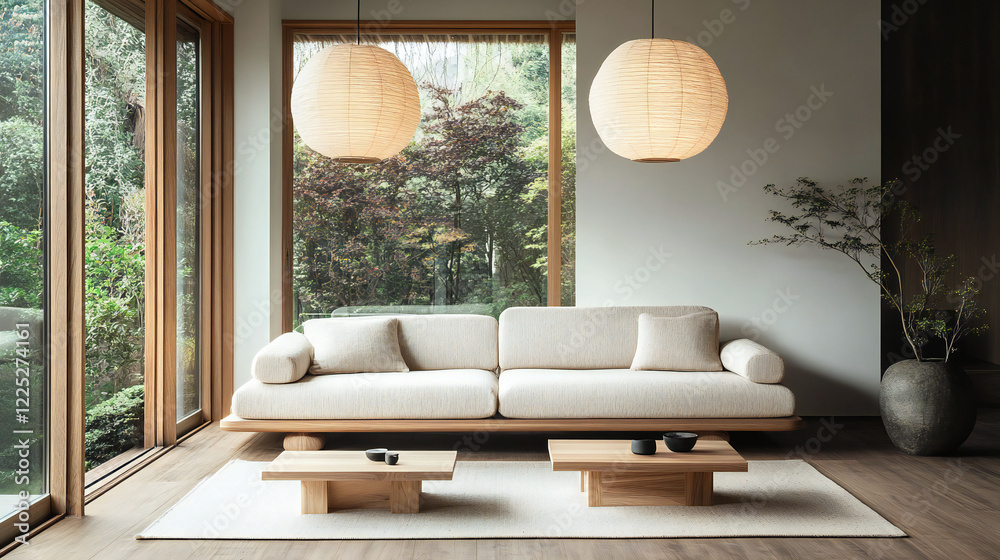 Contemporary japandi living room with wooden furniture and natural ...