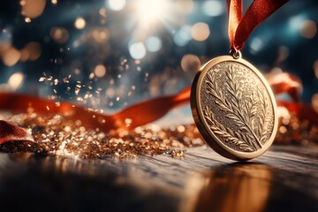 Poster - A hyper-realistic close-up of a gold medal resting on a wooden table, its fine engravings catching the light, with a blurred background of a cheering crowd