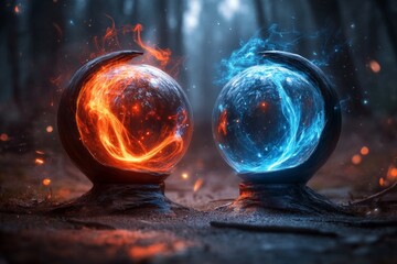 Poster - A magical scene of two orbs, one glowing with warm orange light and the other with cool blue, orbiting each other in a mystical forest to symbolize complementary energy