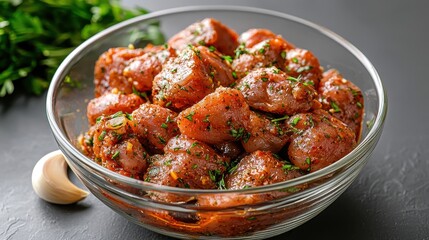 Wall Mural - Marinated Meat Dish in Glass Bowl with Fresh Herbs on Dark Surface