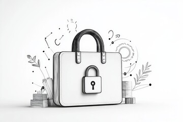 Poster - A simple line art representation of a briefcase with a lock symbol on it, indicating confidential information with clean, bold strokes