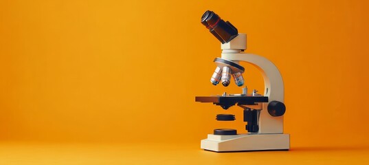 Poster - White Microscope On Orange Background, Laboratory Equipment For Scientific Research And Analysis.