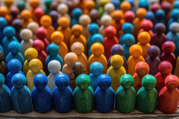 Poster - Colorful wooden figures arranged on a wooden surface in a tight group creating a vibrant pattern