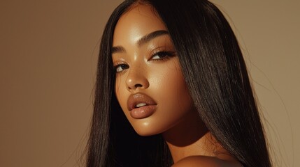 Poster - With long straight hair cascading elegantly, a woman strikes a captivating pose, illuminated by warm golden light that enhances her natural beauty and confidence in a tranquil environment