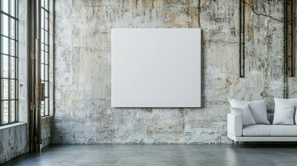 Aufkleber - Empty Canvas Hanging on Rough Concrete Wall in Minimalist Interior Space