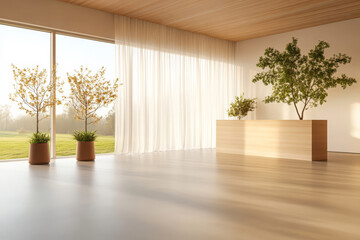 Wall Mural - Bright and airy interior space with natural light and greenery in a modern setting