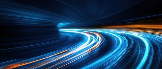 Poster - Abstract light trails in tunnel with blue and orange colors creating dynamic movement