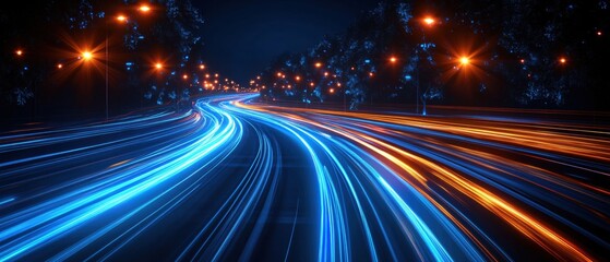 Poster - Night road with light trails and orange street lights creating a dynamic motion effect