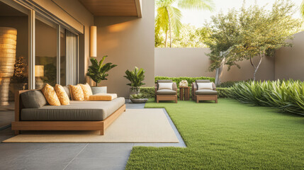 Wall Mural - Modern outdoor lounge area with plush seating in a serene garden setting