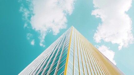 Aufkleber - A striking modern structure painted in vibrant yellow and adorned with white lines contrasts beautifully against a brilliant blue sky
