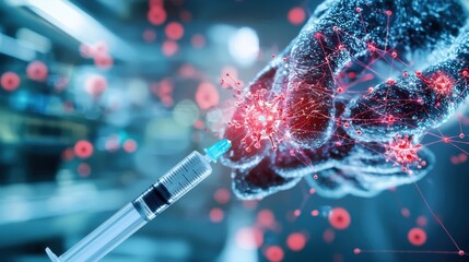 Poster - microscopic view of coronavirus structure with glowing cells and particles