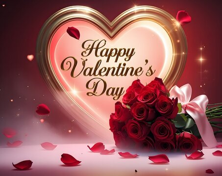 Romantic Valentine's Day – Golden Heart Frame with a Bouquet of Red Roses and Falling Petals.