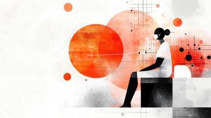 Poster - Minimalist Silhouette Figure in Geometric Abstract Composition with Orange Spheres