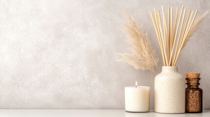 Canvas Print - Elegant reed diffuser sits on a white table surrounded by candles and flowers, enhancing the tranquility of a serene living environment