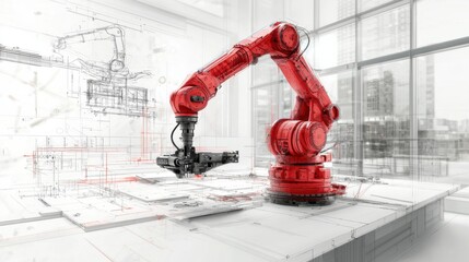 Poster - Red robotic arm manipulator in modern workshop with digital blueprint and design sketches
