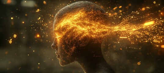Poster - Cosmic Woman. Profile Of A Woman With Glowing Particles In Her Hair Against Dark Background.
