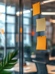 Poster - Sticky Notes on Glass Wall Shows Project Management in a Modern Office Environment with Blurred Background