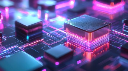 Poster - Futuristic Digital Landscape with Glowing Circuits and Neon Lighting