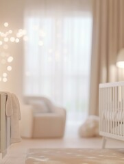 Poster - Blurred picture of light baby room with simple furniture, panorama.