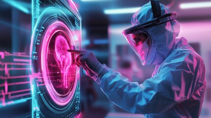 Poster - Futuristic Scientist Examining Holographic Data Interface in Illuminated Lab