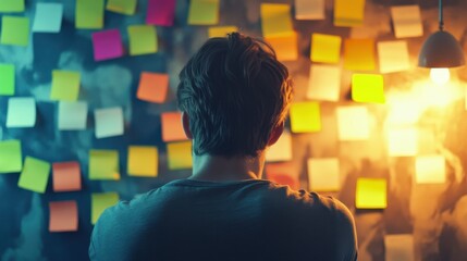 Poster - man looking at sticky notes on wall - business planning & brainstorming