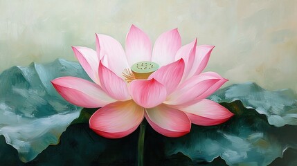 Poster - Pink lotus flower painting with green leaves and background in oil paint style art
