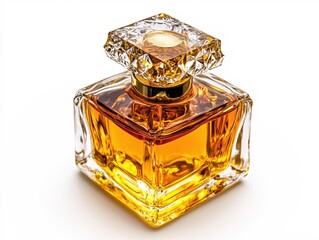 Poster - Elegant perfume bottle with golden liquid and faceted crystal cap on a white background