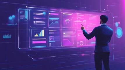 Poster - businessman analyzing data on a digital kanban board, improving workflow for agile project managemen