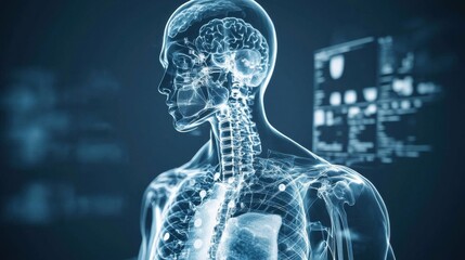 Poster - futuristic x ray visualization of the human head and brain anatomy
