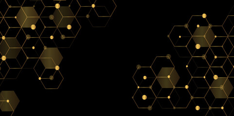 Aufkleber - Molecular structure abstract tech background. Geometric black and golden Vector banner design with hexagons. Science network pattern, connecting lines and dots Medical background, Vector illustration.