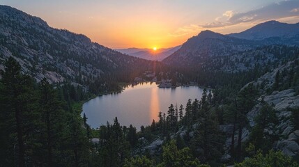 Poster - As the sun dips below the horizon, an enchanting glow reflects off the still waters of a serene lake. Lush trees surround the landscape, creating a peaceful retreat in the mountains