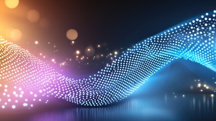 Poster - Futuristic representation of glowing waves in blue and purple, enhanced by particle dots against a dark backdrop, ideal for modern designs