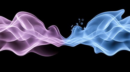 Poster - Futuristic representation of glowing waves in blue and purple, enhanced by particle dots against a dark backdrop, ideal for modern designs