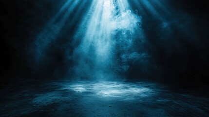 Poster - Dramatic blue light beams through smoky haze illuminating a dark concrete floor background