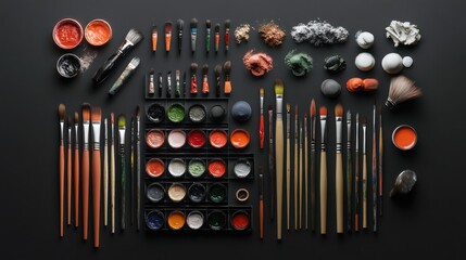 A set of artist's tools, including brushes, paints, and a canvas in progress.