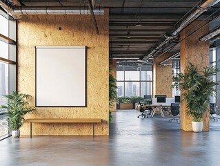 Poster - Modern office interior with blank poster and wooden bench in a spacious work environment