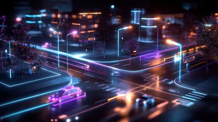 Poster - futuristic night city landscape with glowing neon lights and speeding cars on the highway
