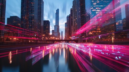 Poster - Dazzling Nighttime City Skyline with Vibrant Reflections and Blurred Traffic Lights on Bustling River