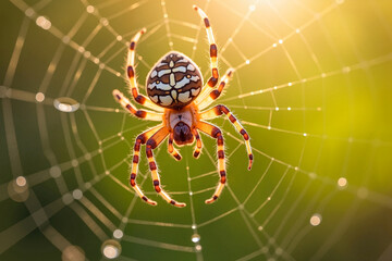 Beautiful orchard spider stretching its legs on a dew-dropped web with radiant noon light, showcasing nature's intricate details.