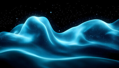 Poster - Abstract blue waves create a futuristic digital landscape with ethereal light effects in a cosmic backdrop.