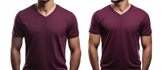 Poster - Two men wearing matching maroon v neck t shirts on a white background studio shot