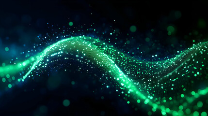 Poster - Abstract green wave with glowing particles in a dark background, perfect for digital designs and creative projects.