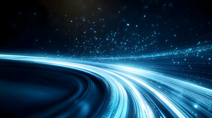 Poster - Abstract motion blur with glowing blue lines and sparkles on a dark background, ideal for modern design and visuals.