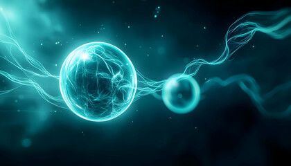 Poster - abstract representation of energy spheres with glowing light in a dark background showcasing scienti