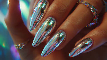 Wall Mural - Holographic chrome coffin nails with a dazzling accent on a stylish female hand