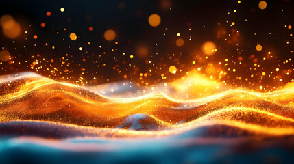 Poster - Abstract waves of light create a mesmerizing display with vibrant colors and glowing particles in motion.