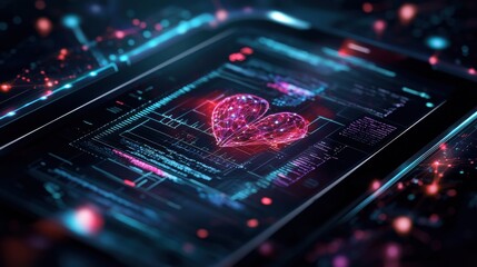 Poster - Glowing Digital Heart Shaped Hologram in Futuristic Abstract Technology Landscape